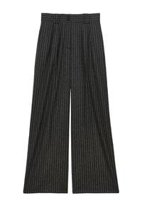 Pantalons ample en gris foncé avec des rayures verticales. Présente une taille haute avec passants de ceinture, fermeture bouton et un front plissé.