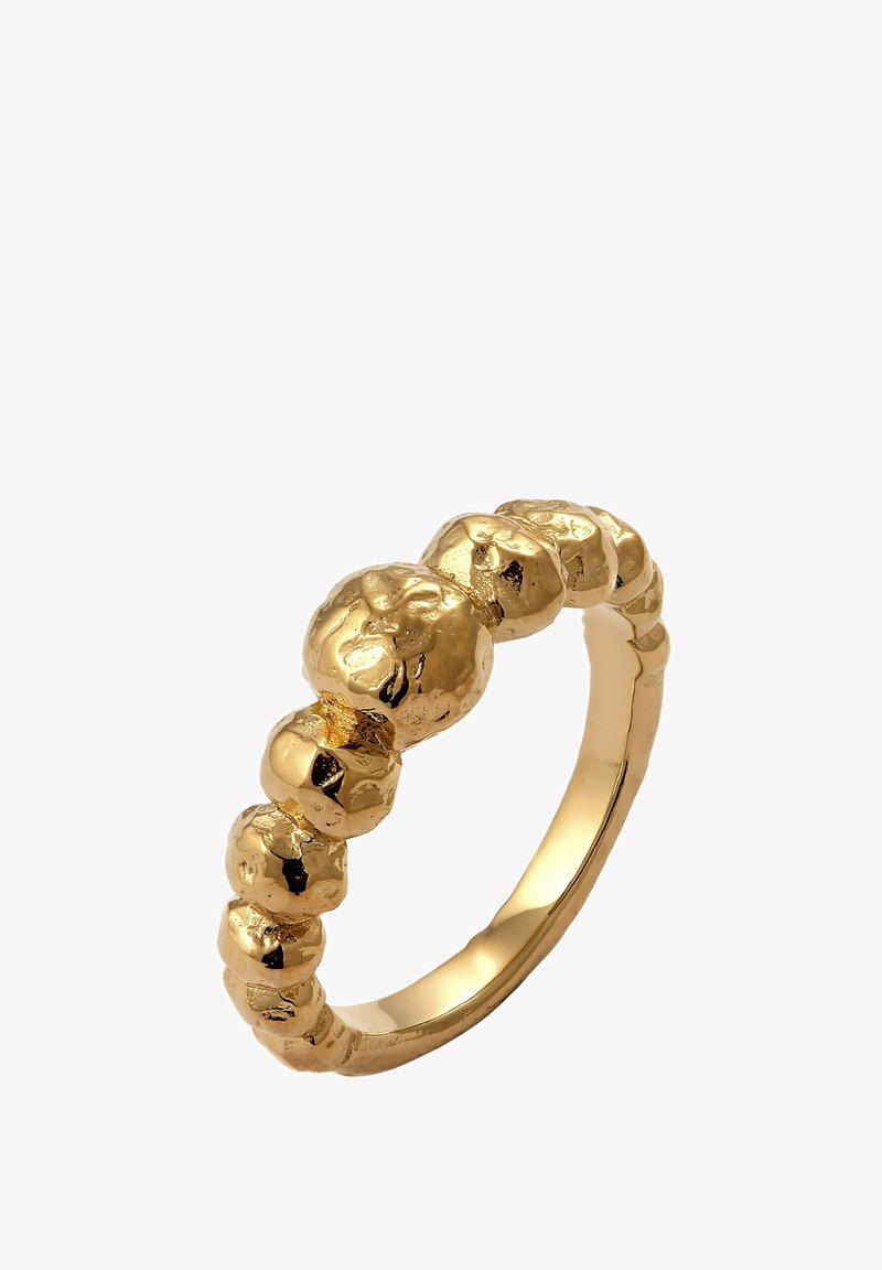 Aranygyűrű lekerekített, texturált dizájnnal, amelyen változó gömb alakú formák csíkoznak végig, fényes felülettel és sima belső résszel.