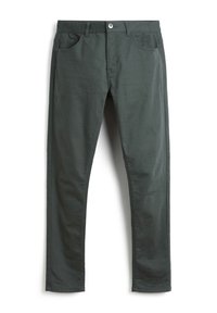 Chinos verde oscuro con un diseño de pierna recta, cinco bolsillos, cierre de cremallera y botón. Textura de tela suave con un acabado ligeramente mate.