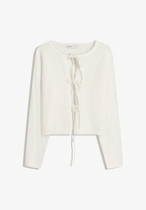 Biały krótki sweter z długimi rękawami, z okrągłym dekoltem i wiązaniem z przodu. Miękka tekstura i minimalistyczny design.