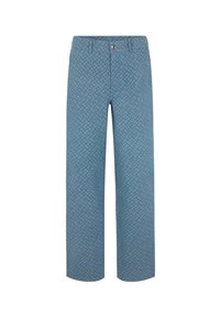 Modré vzorované kalhoty s volným střihem, vybavené zipem a knoflíkovým zapínáním, a texturovanou tkaninou s jemným geometrickým vzorem.