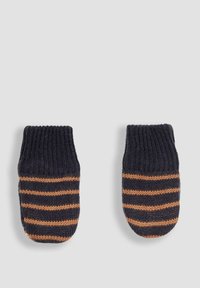 Gestrickte Handschuhe in Dunkelblau mit horizontalen orangefarbenen Streifen. Mit einem Bündchen-Design und einer weichen Textur, ideal für Wärme und Komfort.