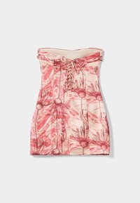 Strapless dress featuring a pink floral pattern on a cream background, with a cinched bodice and delicate lace-up detailing at the front.