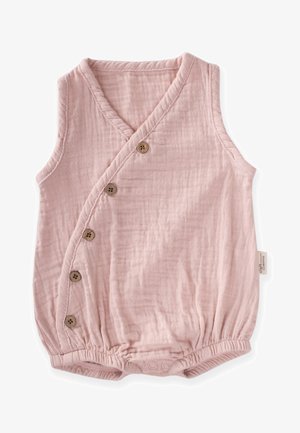 Barboteuse rose sans manches pour bébé avec fermeture à boutons sur le côté, jambes élastiques et pressions à l'entrejambe pour faciliter le change.