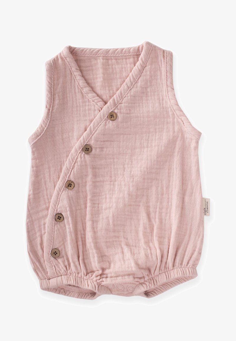 Barboteuse rose sans manches pour bébé avec fermeture à boutons sur le côté, jambes élastiques et pressions à l'entrejambe pour faciliter le change.