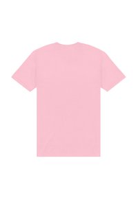 T-shirt en coton rose clair à manches courtes, avec un col rond et un design sans coutures. Pas de graphismes ni de motifs au dos.