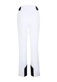 Weiße Skihosen mit einem strukturierten Bund und schwarzen Akzenten an den Seiten, die ein figurbetontes Design und Reißverschlussöffnungen an den Knöcheln aufweisen.