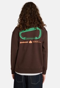Felpa marrone con una grafica di un moschettone verde sul retro, con testo "Element" e una vestibilità comoda. Tessuto morbido con polsini a costine.