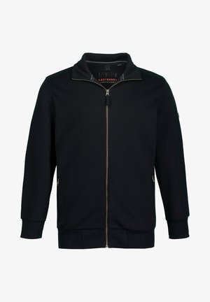 Schwarze Zip-Up-Jacke aus weichem Stoff, mit Stehkragen, Seitentaschen und gerippten Bündchen und Saum. Einfaches und funktionales Design.
