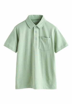 Hellgrünes Poloshirt aus Baumwolle mit Kragen, drei Knöpfen, kurzen Ärmeln und einer Brusttasche. Glatte Textur.