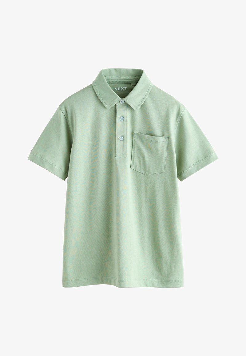 Šviesiai žalios spalvos polo marškinėliai iš medvilnės, su apykakle, trimis sagomis, trumpomis rankovėmis ir krūtinės kišene. Lygi tekstūra.