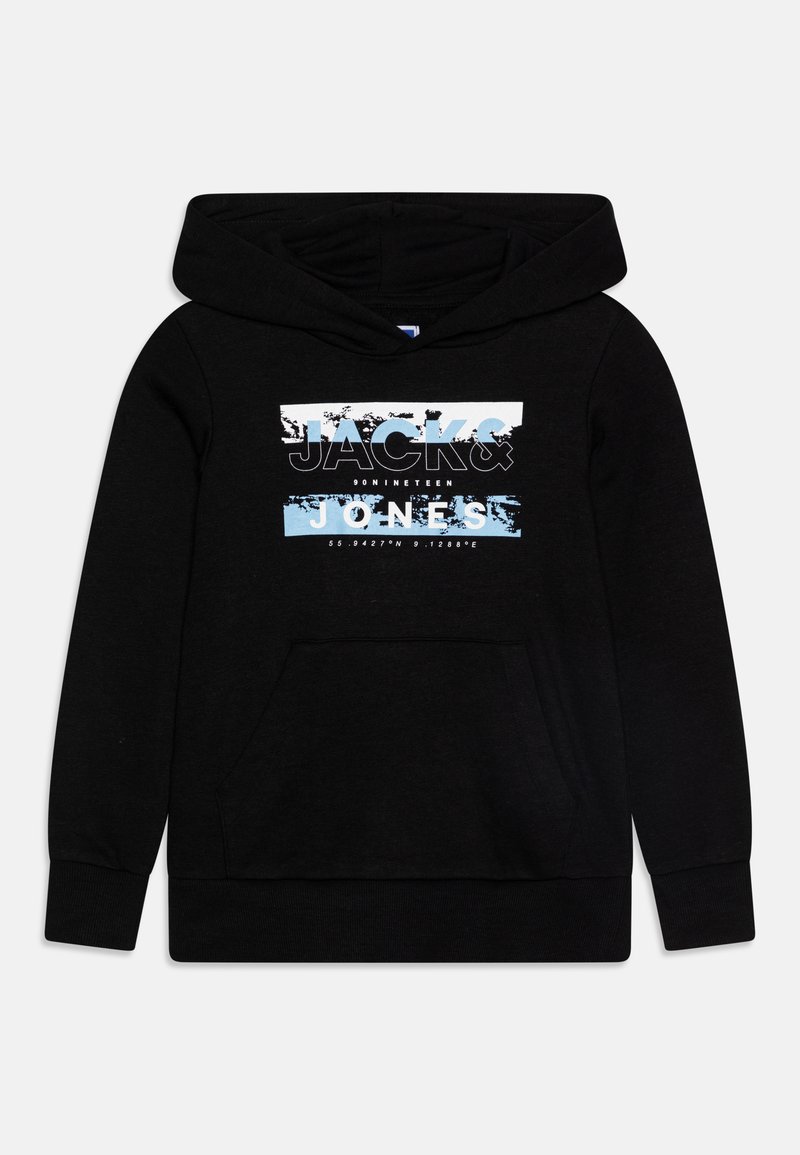 Felpa nera con cappuccio e tasca frontale, caratterizzata da una stampa grafica bianca e blu con il testo "JACK&JONES". Materiale morbido, polsini a coste.