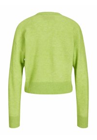 Grüner, gestrickter Pullover, taillierte Form, gerippter Saum und Bündchen, weiche Textur, runder Ausschnitt, mit überschnittenen Schultern.
