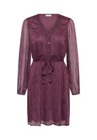 Kerge, pikkade varrukatega kleit tumepunasel tooni lehemustriga, V-kaelus, nööpidega ees ja reguleeritava taljega lips.
