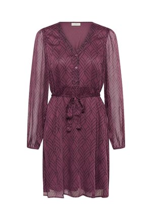 Kerge, pikkade varrukatega kleit tumepunasel tooni lehemustriga, V-kaelus, nööpidega ees ja reguleeritava taljega lips.