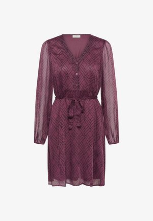 Abito trasparente a maniche lunghe di un profondo viola con un motivo a foglia, scollo a V, chiusura con bottoni e cintura regolabile in vita.