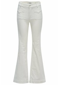 Pantalones vaqueros acampanados blancos en mezcla de algodón, con una cintura ajustada, dos bolsillos frontales y una textura suave con sutiles detalles de costura.