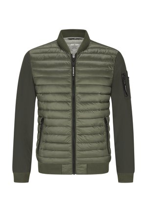 Olivgrüne Bomberjacke mit gepolsterter Vorderseite, glatten Ärmeln, Reißverschluss und einer Tasche am linken Arm mit Mesh-Details.