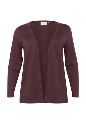 Cardigan bordeaux en tissu doux, avec un col en V, une fermeture à l'avant et des manches longues. Texture lisse avec des accents côtelés aux bords.
