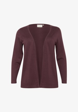 Cardigan bordeaux en tissu doux, avec un col en V, une fermeture à l'avant et des manches longues. Texture lisse avec des accents côtelés aux bords.