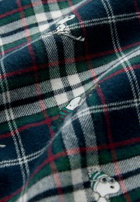 Kockovaná látka so zelenými, námorníckymi, bielymi a červenými pruhmi s malými potlačami postavičky Snoopy v rôznych pózach.