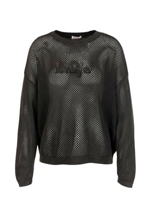Maglione nero a rete lavorato all'uncinetto con maniche lunghe e scollo rotondo, leggermente trasparente con sottile testo strutturato sul petto.