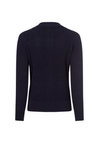 Dunkelblauer gestrickter Pullover mit langen Ärmeln, Rundhalsausschnitt, geripptem Saum und Bündchen. Der Stoff ist glatt mit einer subtilen Textur.