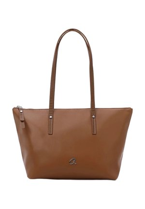 Brązowa torba na ramię ze skóry z długimi uchwytami, zamkiem błyskawicznym i małym srebrnym logo na środku przodu.