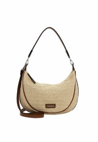 Sac à main tissé beige avec une silhouette incurvée, des accents en cuir marron et une bandoulière détachable. Présente une plaque de logo à l'avant.