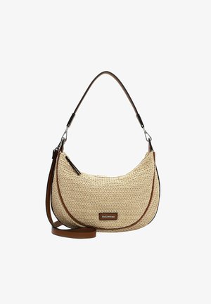 Wiklinowa beżowa torebka o zaokrąglonym kształcie, z brązowymi skórzanymi akcentami i odczepianym paskiem na ramię. Na froncie znajduje się płytka z logo.