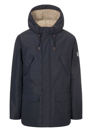 Marineblaue wasserdichte Jacke mit Kapuze und Kunstpelzfutter, ausgestattet mit zwei Fronttaschen und Kordelzügen, entworfen für Wärme und Komfort.