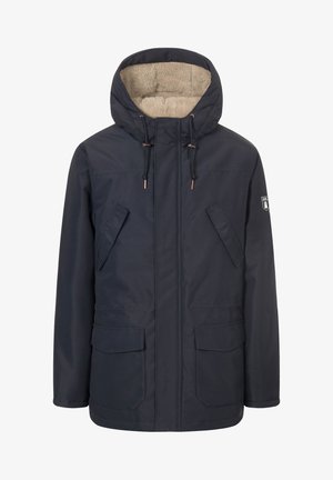 Marineblaue wasserdichte Jacke mit Kapuze und Kunstpelzfutter, ausgestattet mit zwei Fronttaschen und Kordelzügen, entworfen für Wärme und Komfort.