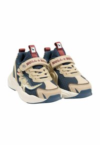 Sneakers blu e beige con tessuto a rete, suola in gomma, design di dinosauro sui lati, cinturino regolabile e logo decorativo sulla linguetta.