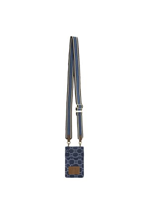 Navy lanyard met kaarthouder van stof met een geometrisch patroon en hardware in goudkleur. Voorzien van een verstelbare gestreepte strap en een logo plaatje.