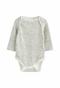 Langärmliger Baby-Body in Creme mit einem schwarzen Leopardenmuster, ausgestattet mit Druckknöpfen im unteren Bereich und aus weichem Baumwollmaterial.