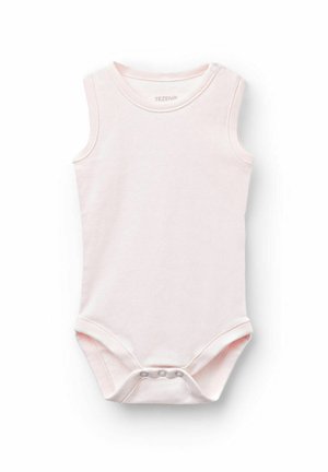 Ärmelloser Babybody aus leichtem, rosa Baumwollstoff. Mit weichem Material, Druckknöpfen an der Schulter und am unteren Ende sowie gerippten Ausschnitten am Hals und an den Beinen.