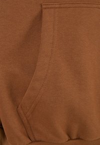 Tessuto di cotone marrone e morbido, felpa con cappuccio, dotata di tasca a marsupio e polsini a coste. La superficie è liscia con dettagli di cucitura visibili.