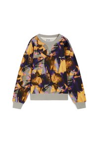 Crewneck sweatshirt in multicolor abstract pattern. Features gray cuffs and hem, soft fabric, and small white text on the front.