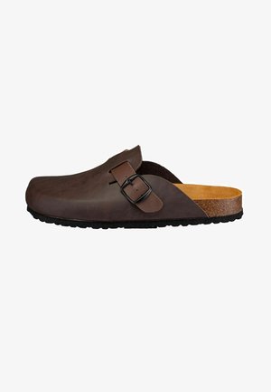 Brown leather slip-on clog with a black metal buckle, a contoured cork footbed, and a textured rubber outsole. Smooth finish and wide opening.