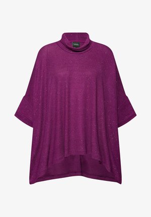 Paarse, losse poncho-top met een hoge kraag en brede mouwen. Gemaakt van een sprankelende, gestructureerde stof, met een ronde zoom.