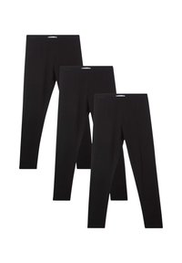 Tre paia di leggings neri realizzati in un tessuto morbido e elasticizzato. Presentano una vita elastica e un design aderente. Senza motivi visibili.