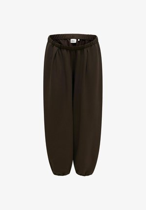 Pantalon ample marron foncé avec taille élastique et poignets élastiques froncés, fabriqué par la marque Only.