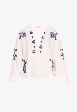 Witte blouse met lange mouwen, voorzien van marineblauw bloem- en paisleyborduurwerk. V-vormige halslijn en gerimpeld taille detail.