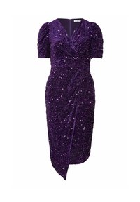 Purple, sequined dress with a wrap design, short puff sleeves, and a concealed zipper. Draped texture and knee-length fit.