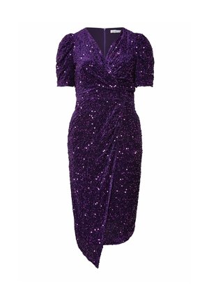 Vestito viola con paillettes, design avvolgente, maniche corte a sbuffo e zip nascosta. Tessuto drappeggiato e lunghezza fino al ginocchio.