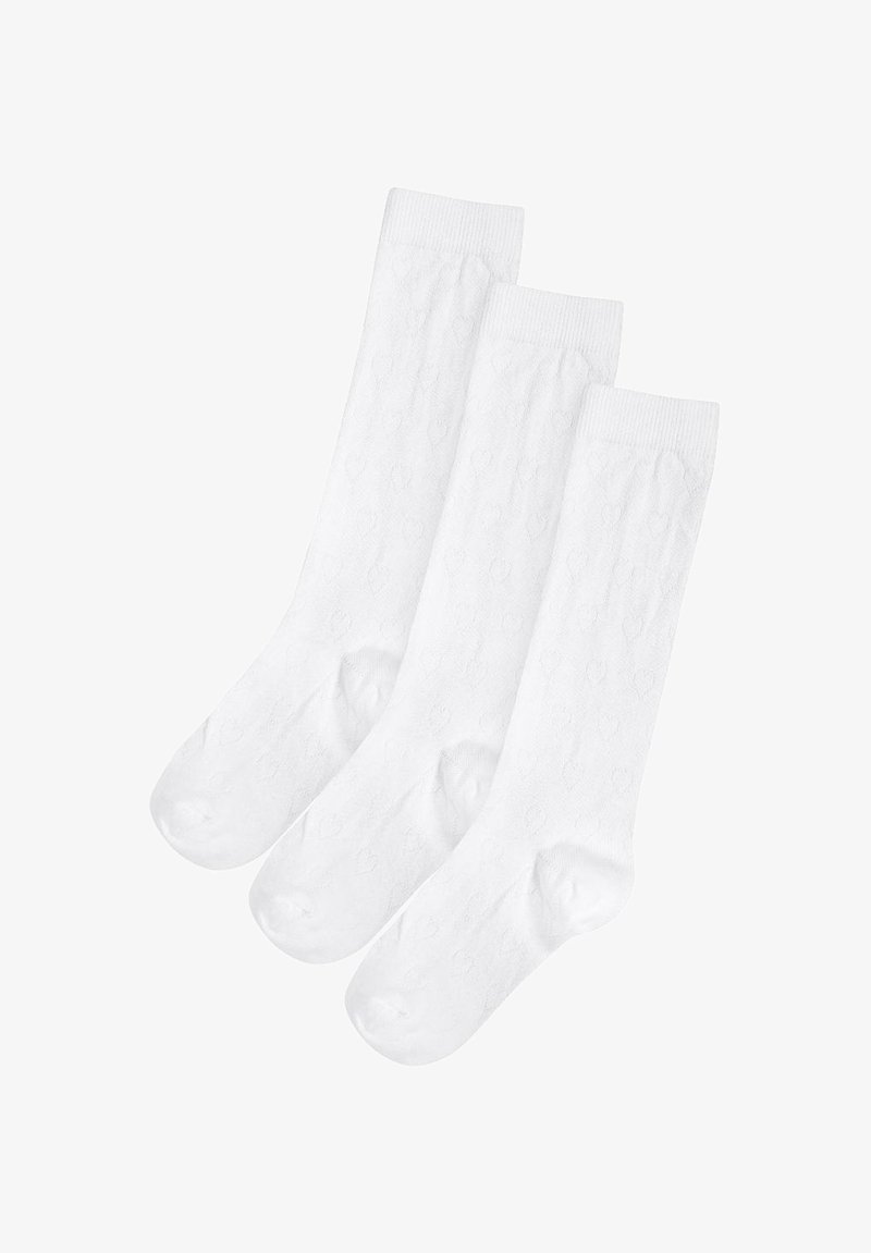 Three pairs of white socks featuring a textured pattern of small hearts, with ribbed cuffs and a smooth finish.