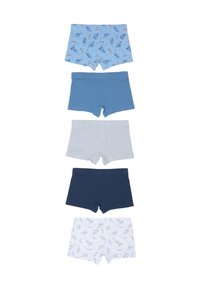 Set di cinque boxer da ragazzo. Caratterizzati da vari colori: azzurro con stampa, blu uniforme, grigio, navy e bianco con motivo. Materiale in cotone.