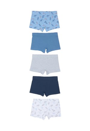 Set aus fünf Jungen-Boxershorts. Enthält verschiedene Farben: hellblau mit Print, einfarbig blau, grau, marineblau und weiß mit Muster. Aus Baumwollmaterial.