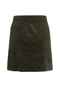 Donkergroene corduroy rok met een elastische tailleband, met een rechte silhouet en subtiele textuur. Geen zichtbare zakken of versieringen.