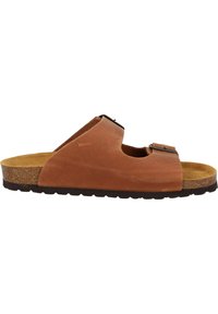 Sandali scivolati in pelle marrone con due cinturini regolabili, plantare in sughero e suola in gomma testurizzata. Design aperto che consente traspirabilità.